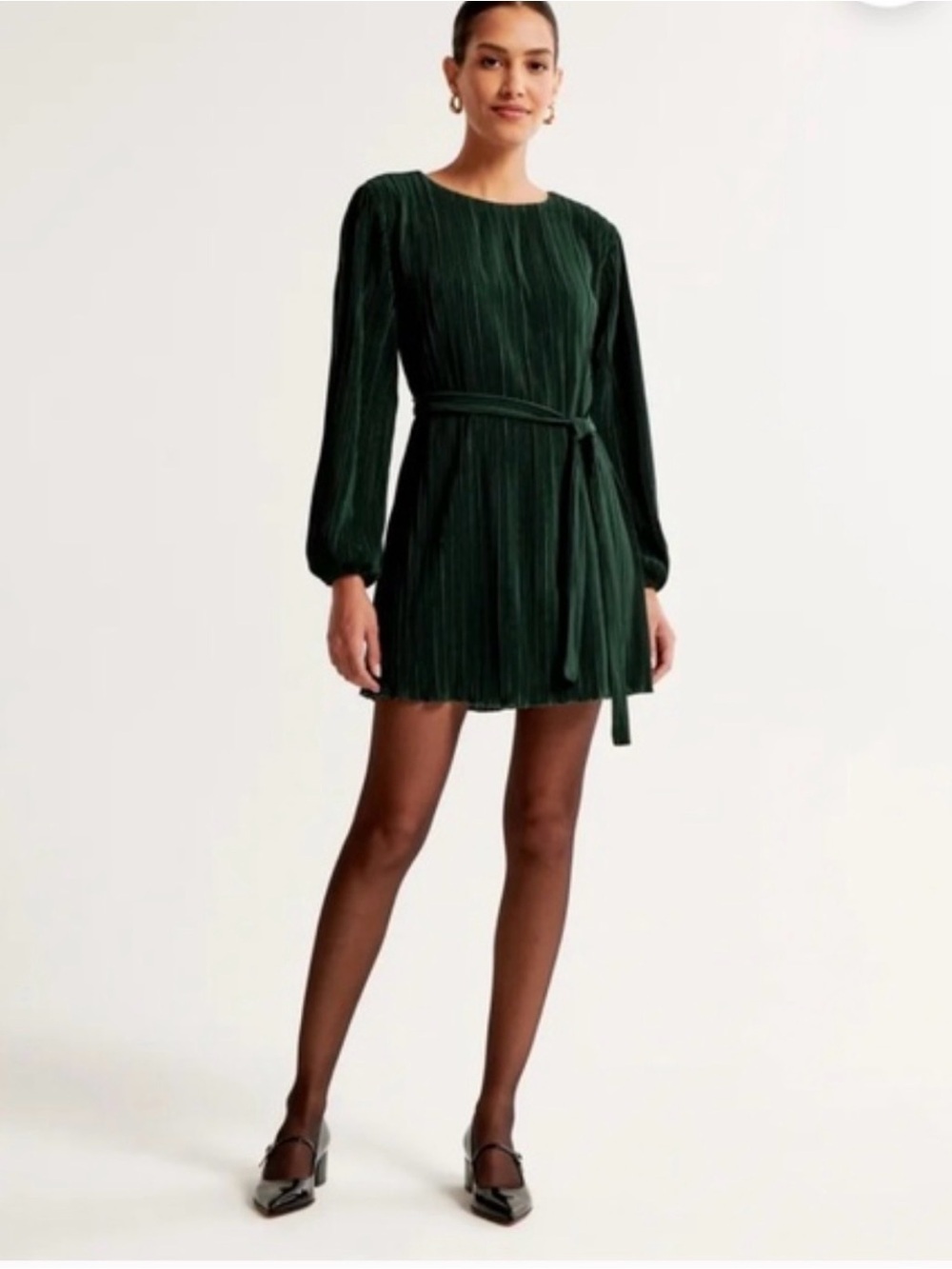 Abercrombie & Fitch Green Satin Plissé Long Sleeve Mini Dress
